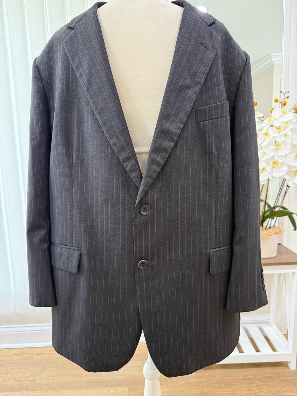Brooks Brothers Mens Suit Jacket Gray Pinstripe Wool 48R 2 Button Made In USA